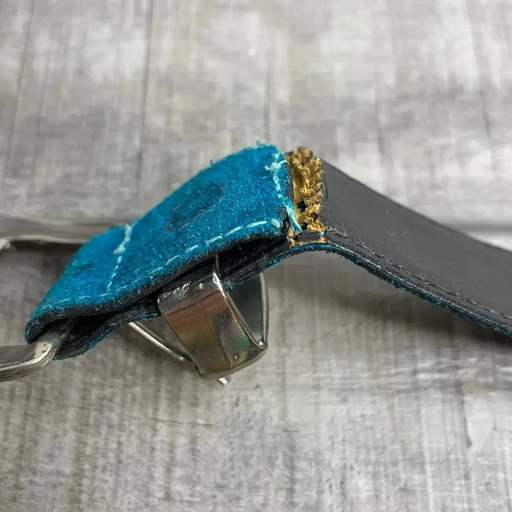 Vintage Native American Indian Head Silver Buckle Teal Calfskin Leather Belt S